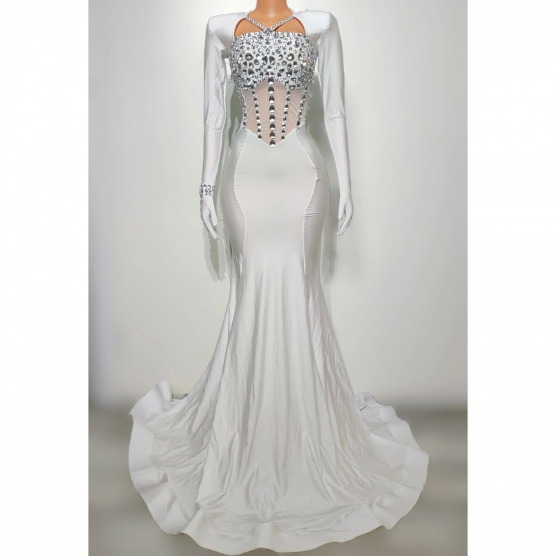 Sexy Luxury Rhinestone Floor-Length Dress Formal Prom Cocktail Dress Host Performance Costume