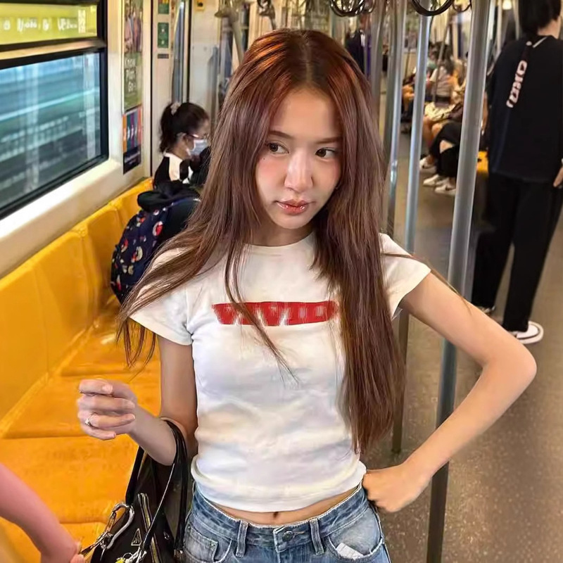 South Korea Niche Design Sense Phantom Letter Print Summer Shoulder Short Slim-fit Slimming Short-sleeved T-shirt Top for Women