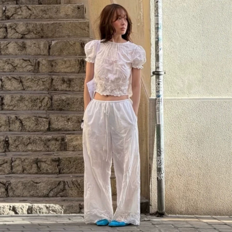 Flet*A Lace Puff Sleeve Short-Sleeved Shirt + Straight Pants Korean Designer Women's Clothing Korean Style White Suit Flet*A Lace Puff Sleeve Short-Sleeved Shirt + Straight Pants Korean Designer Women's Clothing Korean Style White Suit