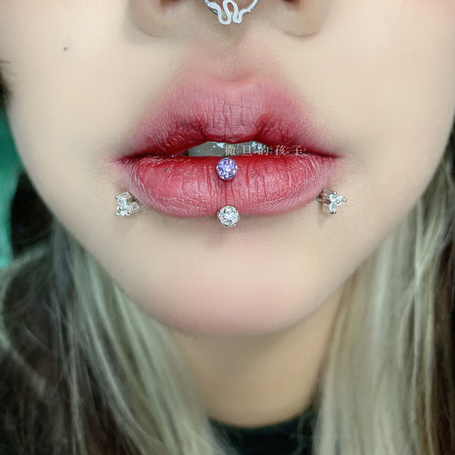 Labret stud lip piercing jewelry styling detail