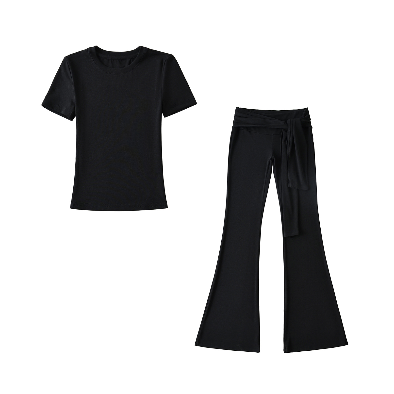 8713-25 Summer New European and American Pure Desire Fashion Casual Round Neck Tight T-Shirt with Tie Micro Flare Long Pants Set