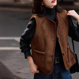 复古文艺内里加绒叠穿马夹2025冬季时尚气质百搭圆领无袖马甲外套