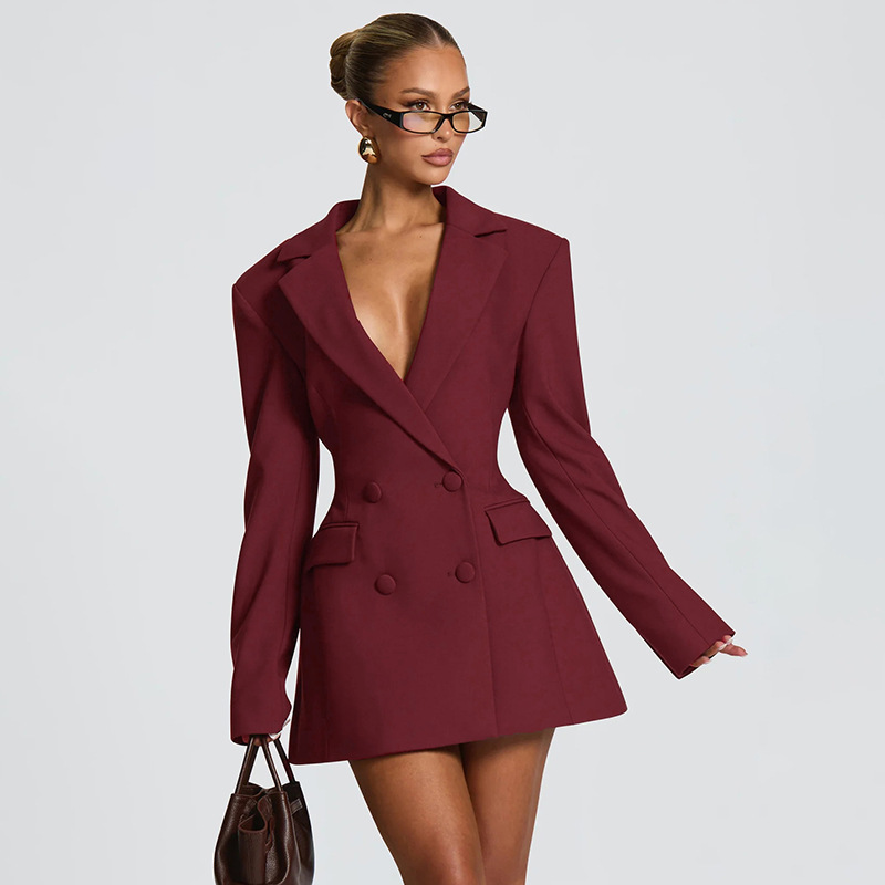 2025 invierno europeo y americano ropa de mujer nueva moda de color sólido de mangas largas sexy V delgada traje vestido de mangas largas