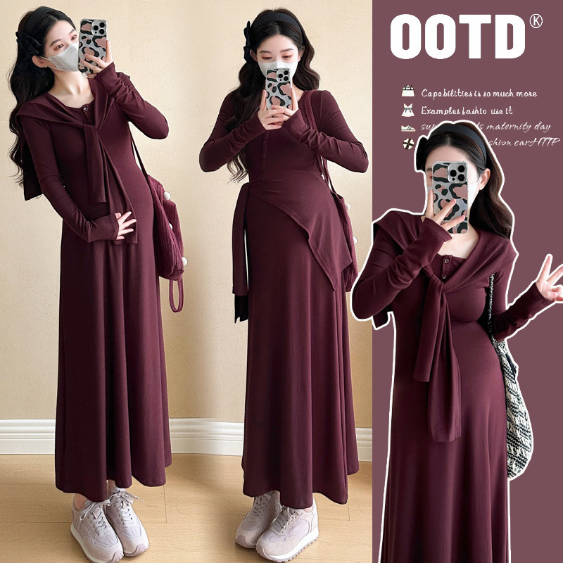 Pregnant Women's Early Autumn Hot Mom Dress 2025 French Fashion Belly-Covering Knitted Two-Piece Shawl Long Dress Pregnant Women's Early Autumn Hot Mom Dress 2025 French Fashion Belly-Covering Knitted Two-Piece Shawl Long Dress