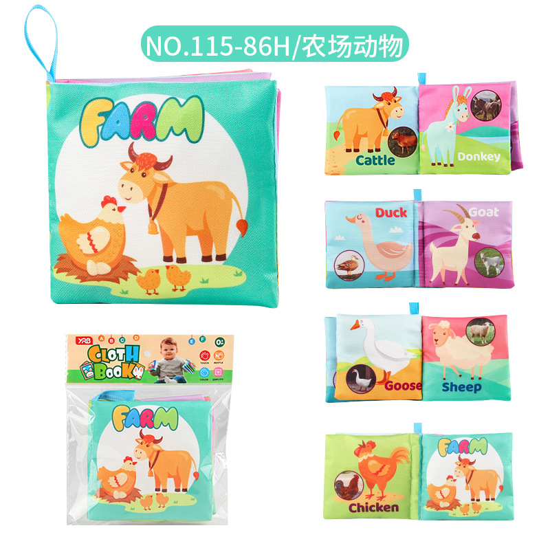 Cuatro libros de tela tridimensionales transfronterizos para bebés juguetes de educación temprana 4 caras 8 páginas en inglés libros de palma de alimentos y cognición animal libros de tela para bebés