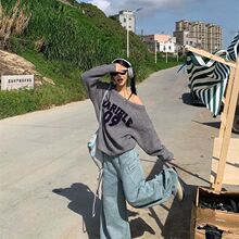 美式辣妹露肩卫衣女毛衣秋冬慵懒宽松斜肩针织衫上衣包邮工厂直销