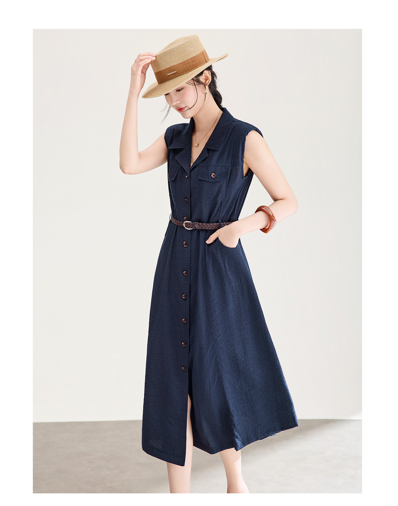 Đầm nữ không tay cổ vest ôm eo phong cách cổ điển — xanh đậm chi tiết 16