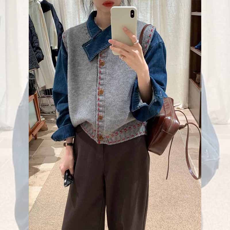 韩系蓝色交叉领牛仔衬衫女新款小个子叠穿宽松上衣马甲两件套笙陇|undefined
