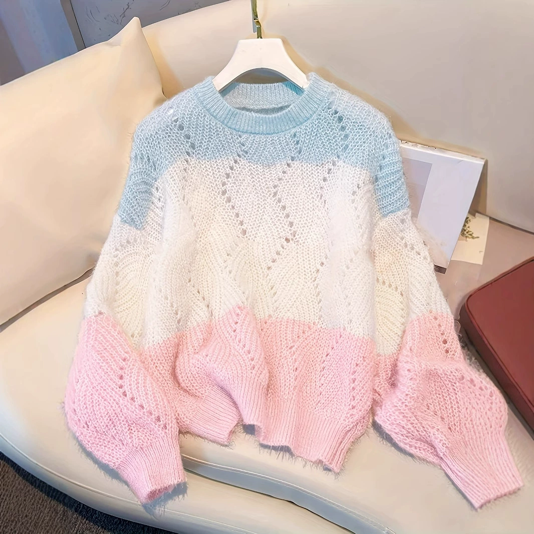 Хит продаж на Amazon: женский свитер «Радуга», новинка осени-зимы 2025, мягкий и пушистый, вязаный топ в стиле «ленивый шик»