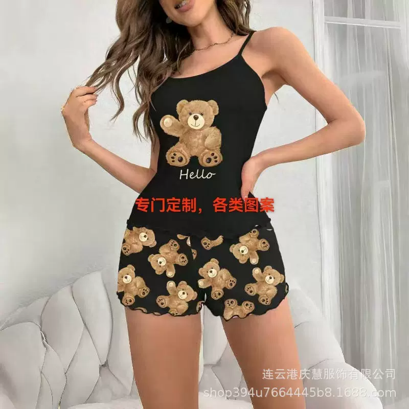 外贸专供跨境四季吊带短裤加肥加大码女式睡衣大码家居服套装欧美