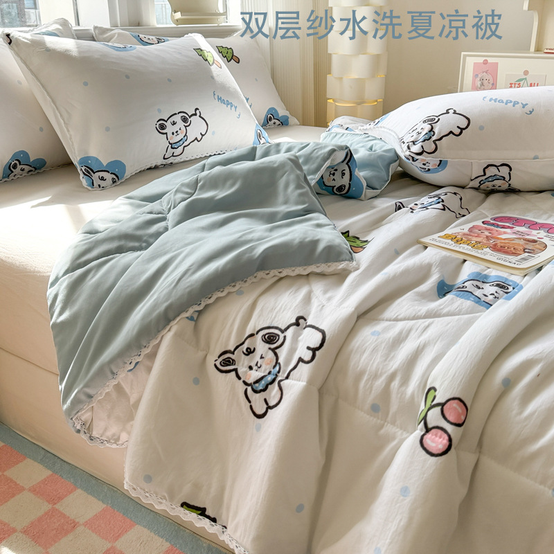 Colcha de verano de hilo de doble capa de verano, versión delgada, lavable a máquina, dormitorio de estudiantes, colcha de aire acondicionado, colcha doble de verano