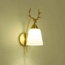 北欧现代创意简约全铜鹿角壁灯客厅走廊卧室床头玻璃照明装饰灯具