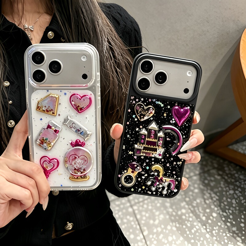 Y2K Sweet and Cool Dreamy Castle Suitable for Iphone17Pm Mobile Phone Case Apple 16Pro Transparent Black Anti-Fall Protective Case XS