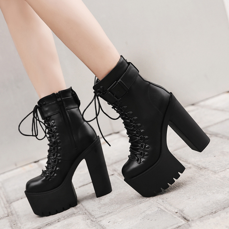 Manufacturers hate tiangao women's boots new ultra-high heel black platform ankle boots thick heel ankle boots lace-up shoes winter 526-1