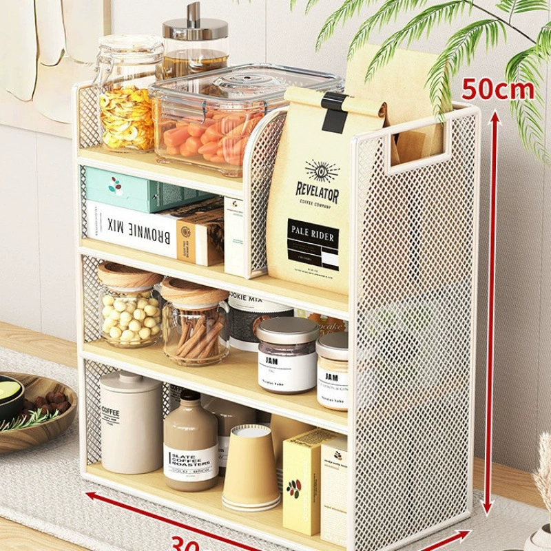 Desktop Storage Rack, Multi-Layer Mesh Frame with Oak/Teak Shelves, 2–5 Tier Options