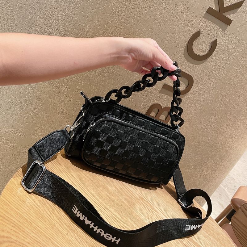 Cowhide small square for women in 2023, new versatile ins checkerboard crossbody broadband chain bag, shoulder bag_voghion.com
