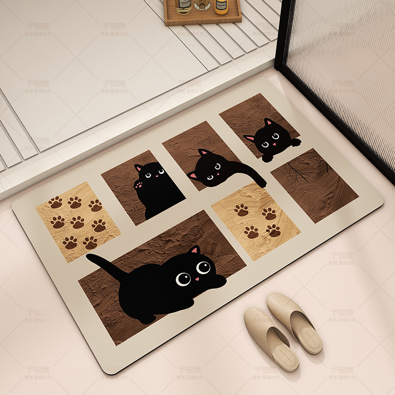 Cartoon Photo Frame Kitten Floor Mat Diatom Mud Bathroom Mat Easy to Clean Entrance Mat Water-Absorbent Quick-Drying Bathroom Mat
