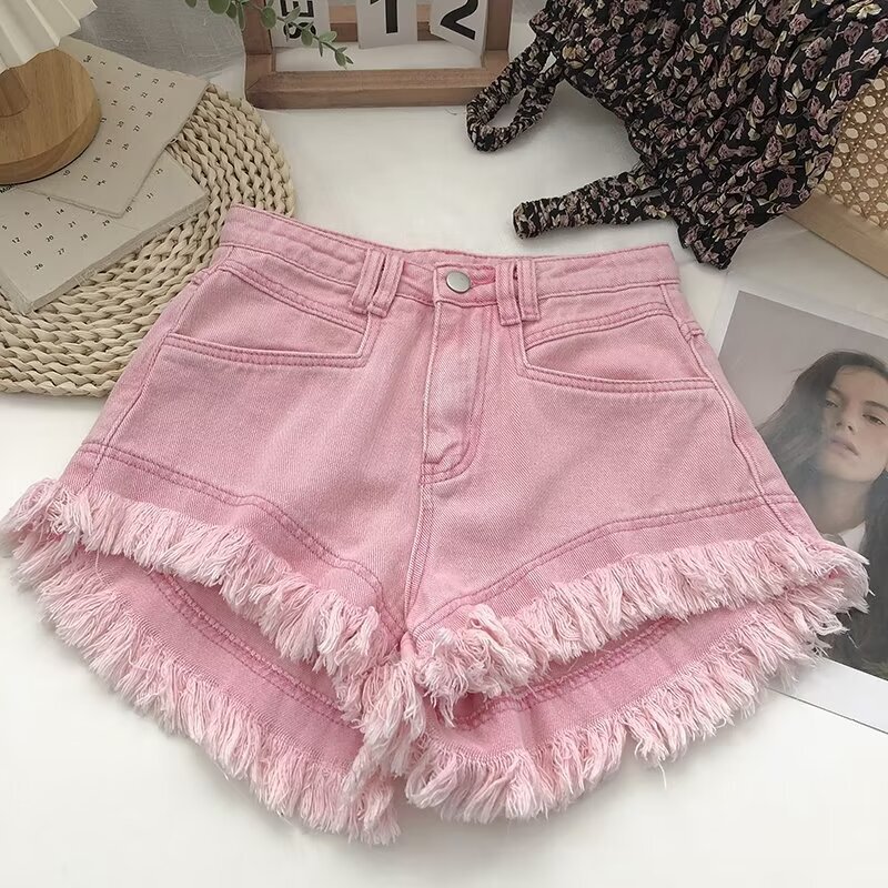 2026 Spring and Summer New Style Petite Solid Color Denim Shorts High-Waisted Hot Girl Korean Style Outfit with Fringe Design Hot Pants 2026 Spring and Summer New Style Petite Solid Color Denim Shorts High-Waisted Hot Girl Korean Style Outfit with Fringe Design Hot Pants