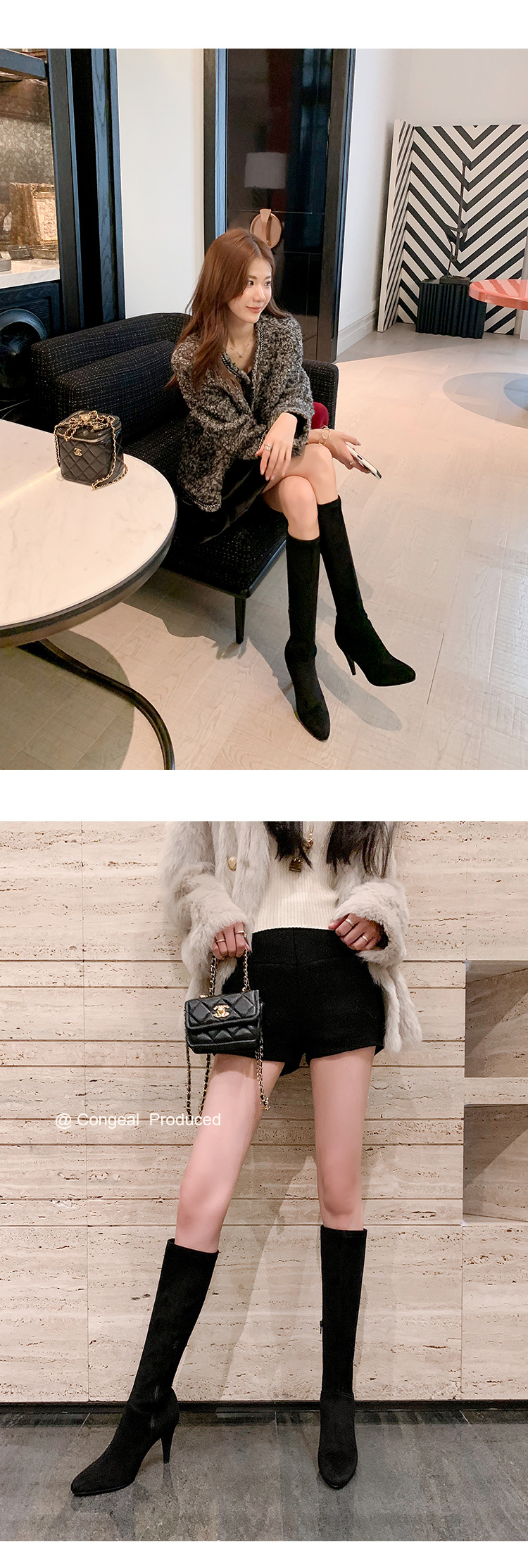 Boot nữ cổ cao trên gối mũi nhọn gót cao 9 cm chất da lộn co giãn — Lớp lót nhung tiêu chuẩn màu đen trên đầu gối, Lớp lót nhung lớn màu mơ trên đầu gối, Giày bốt cao cấp lót nhung tiêu chuẩn màu mơ, Lớp lót nhung đen trên đầu gối chi tiết 10