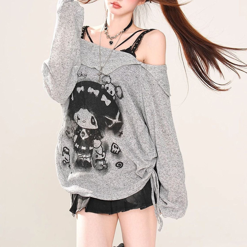 Loose Semi-Sheer Off-Shoulder Lace Camisole Long-Sleeve Blouse Printed Off-Shoulder Drawstring Fashion Sexy Slimming Top