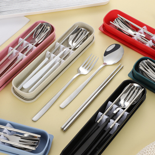 Stainless steel portable cutlery set fork spoon chopsticks Korean style three-piece set outdoor gift student with LOGO printing