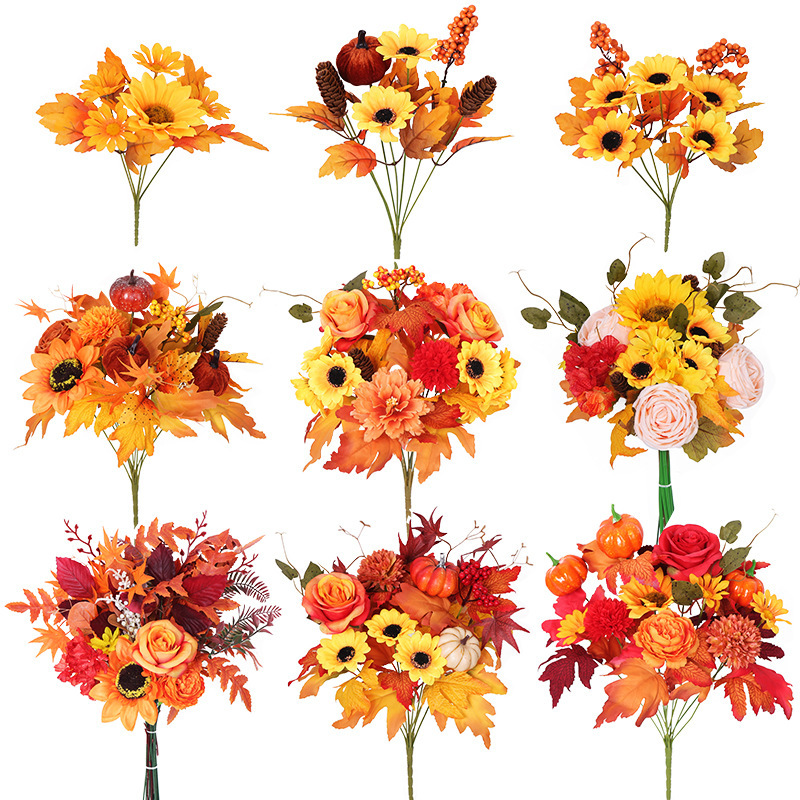 Cross-border Autumn Simulation Sunflower Home Arrangement Floyd Rose Harvest Festival Simulation Bouquet Simulation Maple Leaf