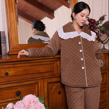 工厂现货蕾丝领女款夹棉睡衣加厚珊瑚绒休闲居家服套装（红）