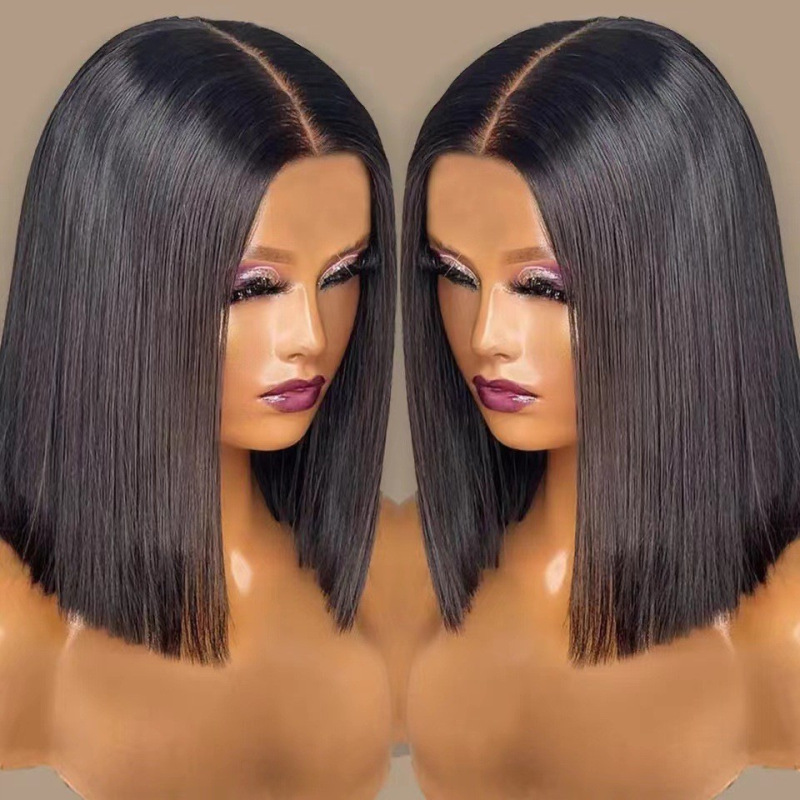 Amazon New European and American Wig Women's Short Straight Hair Medium Parted Black Bob Wig Short Straight Hair Wig