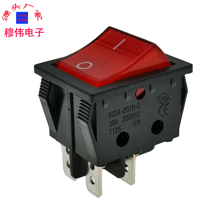 船型开关4脚2档红盖带灯电源翘板开关大功率30a/Akcd4电焊机开关