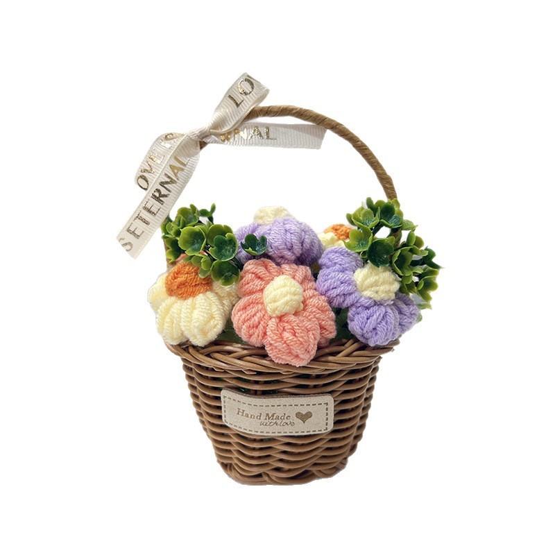 跨境热销新款小花篮盆栽手工毛线钩织泡芙花玫瑰桌面装饰摆件|undefined