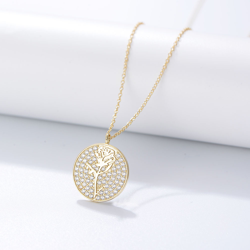 S925 collar de diamantes de plata mujer europea y americana ins moneda redonda micro con incrustaciones de circón rosa collar colgante cadena de clavícula