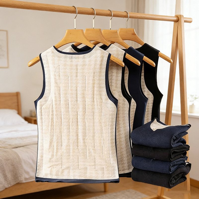 Winter Men's Wool-Filled Warm Full-Patch Vest Plus Velvet Thickened Seamless Brushed Top Vest Wholesale