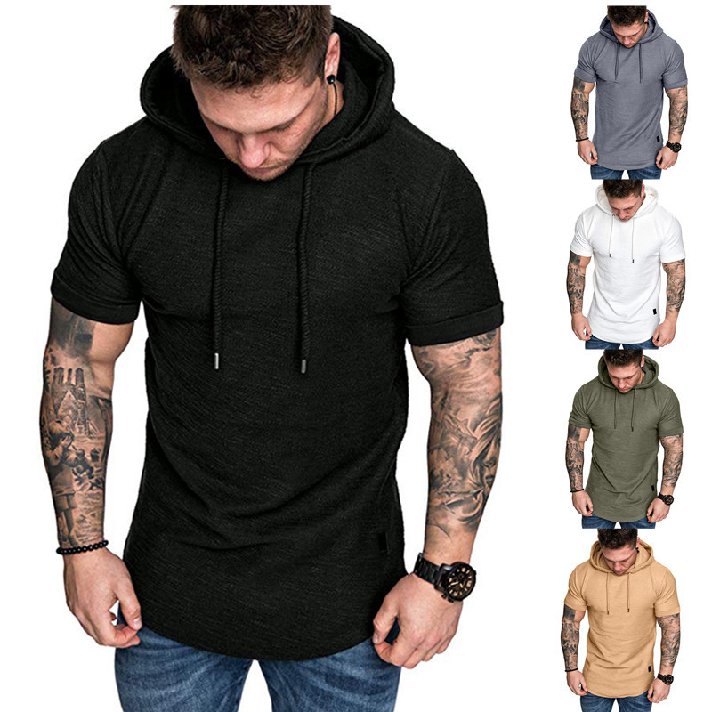 Men'S Pure Slub Cotton Hooded T-Shirt Casual Short Sleeve T-Shirt