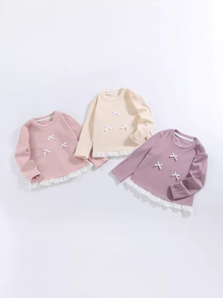 Girls' Spring Base Shirt Children's All-match Bow Long-sleeved Lace Crewneck Base Korean Style Women's Treasure Outer Wear Top