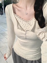 假两件蕾丝花边打底衫春秋季长袖T恤女士正肩纽扣内搭短款上衣服