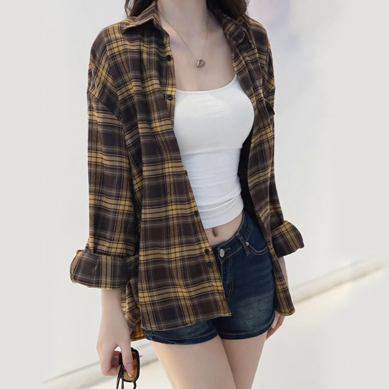 Coffee-Colored Plaid Shirt Top 2026 Autumn New Fashion Stylish Loose Casual Women's Jacket Coffee-Colored Plaid Shirt Top 2026 Autumn New Fashion Stylish Loose Casual Women's Jacket