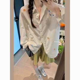 韩系ins高级感气质刺绣花朵长袖衬衫女夏季设计感休闲宽松上衣服
