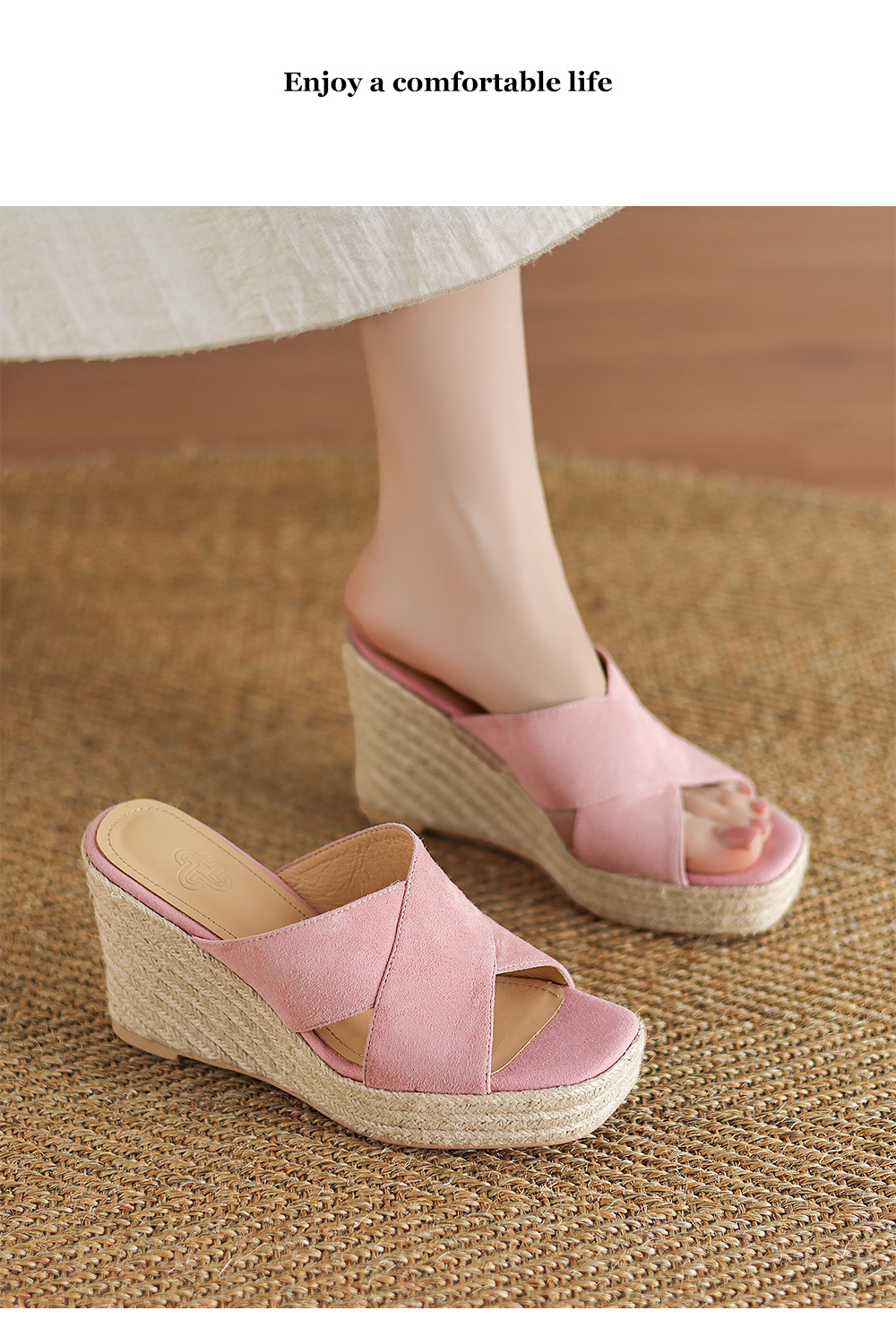 Sandal cao gót nữ quai ngang đế xuồng đan dày — Màu đen chi tiết 9