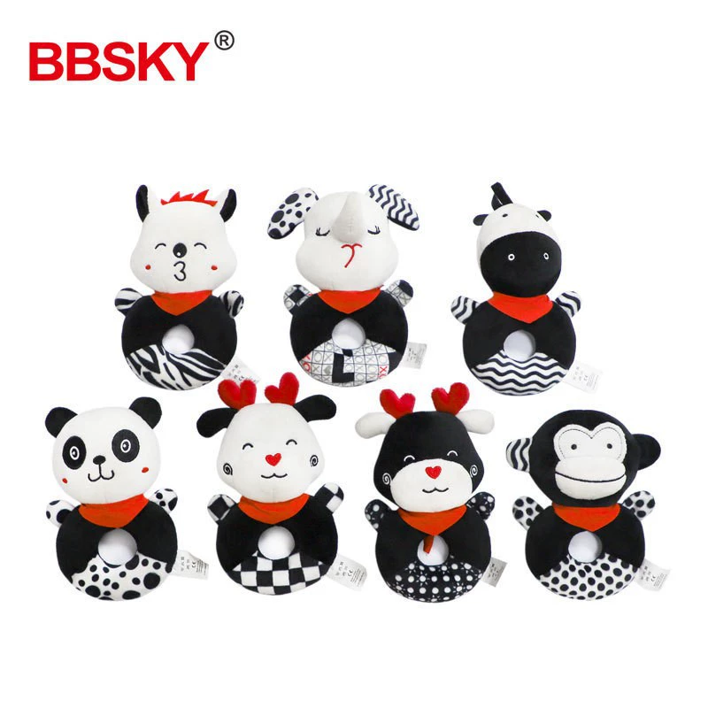 Черно-белый красный мультфильм кольцо руки детские плюшевые игрушки колокольчик Игрушка В наличии оптом