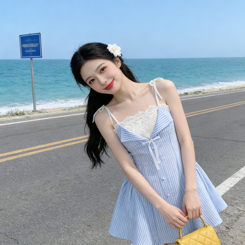 2026 Summer New Striped Patchwork A-Line Shirt Dress Trendy Spring and Summer French Design Strap Dress for Women