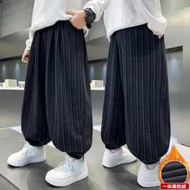 男童秋冬款裤子加绒加厚新款大童冬季一体绒束脚儿童条纹长裤百搭