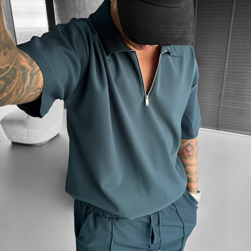 455g Weight Men's Solid Color Casual Turndown Short Sleeve Loose Men's Sets