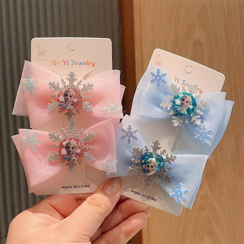 Girls Princess Frozen Hair Clip Elsa Bow Hair Clip Double Layer Mesh Top Clip Girls Suit Hair Accessories