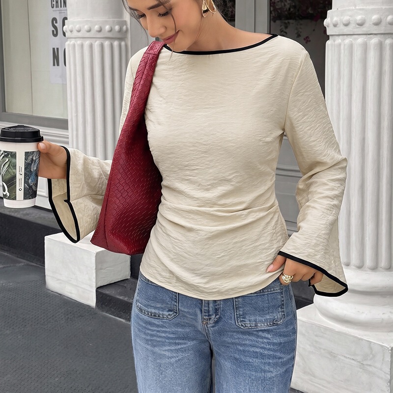 TikTok cross-border European and American long-sleeve tops 2026 new autumn and winter shirts with back tie, boat neck, and waist-cinching design for women TikTok cross-border European and American long-sleeve tops 2026 new autumn and winter shirts with back tie, boat neck, and waist-cinching design for women
