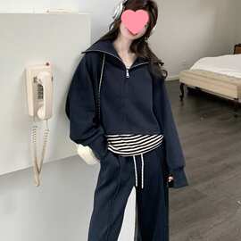 大码休闲运动套装女秋季新款胖MM条纹背心翻领卫衣阔腿裤三件套潮