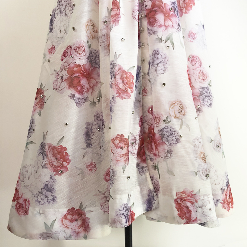 Đầm maxi nữ thắt eo cổ đứng tay lồng đèn đính đá phong cách Pháp — Màu trơn xanh lam, Màu trơn trắng, Hoa xanh da trời, Hoa hồng đậm chi tiết 68
