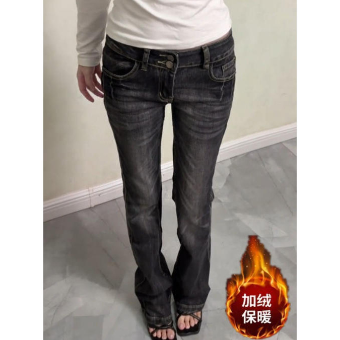American vintage retro fleece-lined black Y2K low-rise skinny jeans for women, slim-fit and elongated tight pants