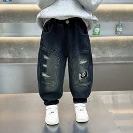 男童加绒裤子秋冬2025新款酷帅宝宝破洞裤冬装痞帅潮流儿童牛仔裤