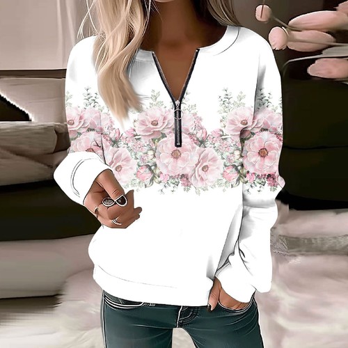 Wholesale European and American Women's Printed V-Neck Long-Sleeve Loose-Fit Zip-Up Sweater
