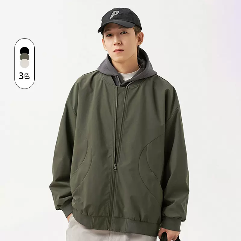 春秋季新款美式复古夹克立领宽松纯色潮牌棒球服休闲百搭男士外套